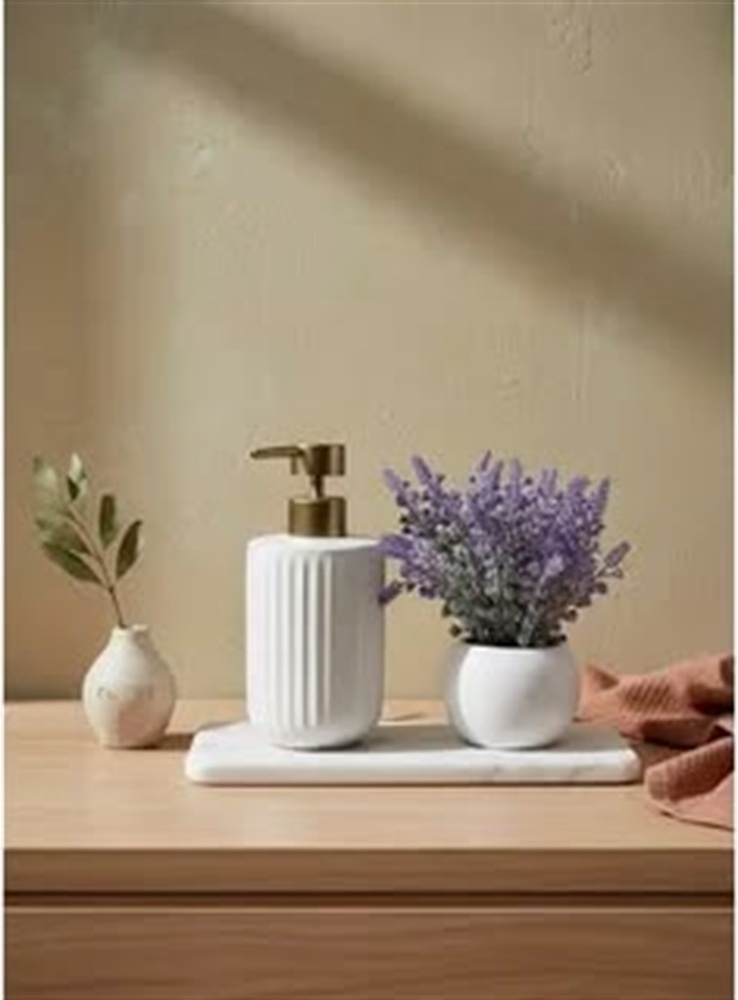 Fluted Ceramic Vanity Ensemble with Marble Tray