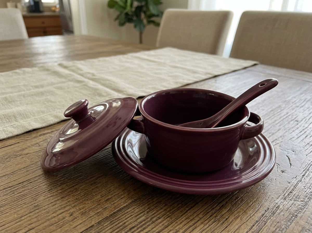 Aubergine French Onion Soup Crock with Saucer, Lid and Spoon
