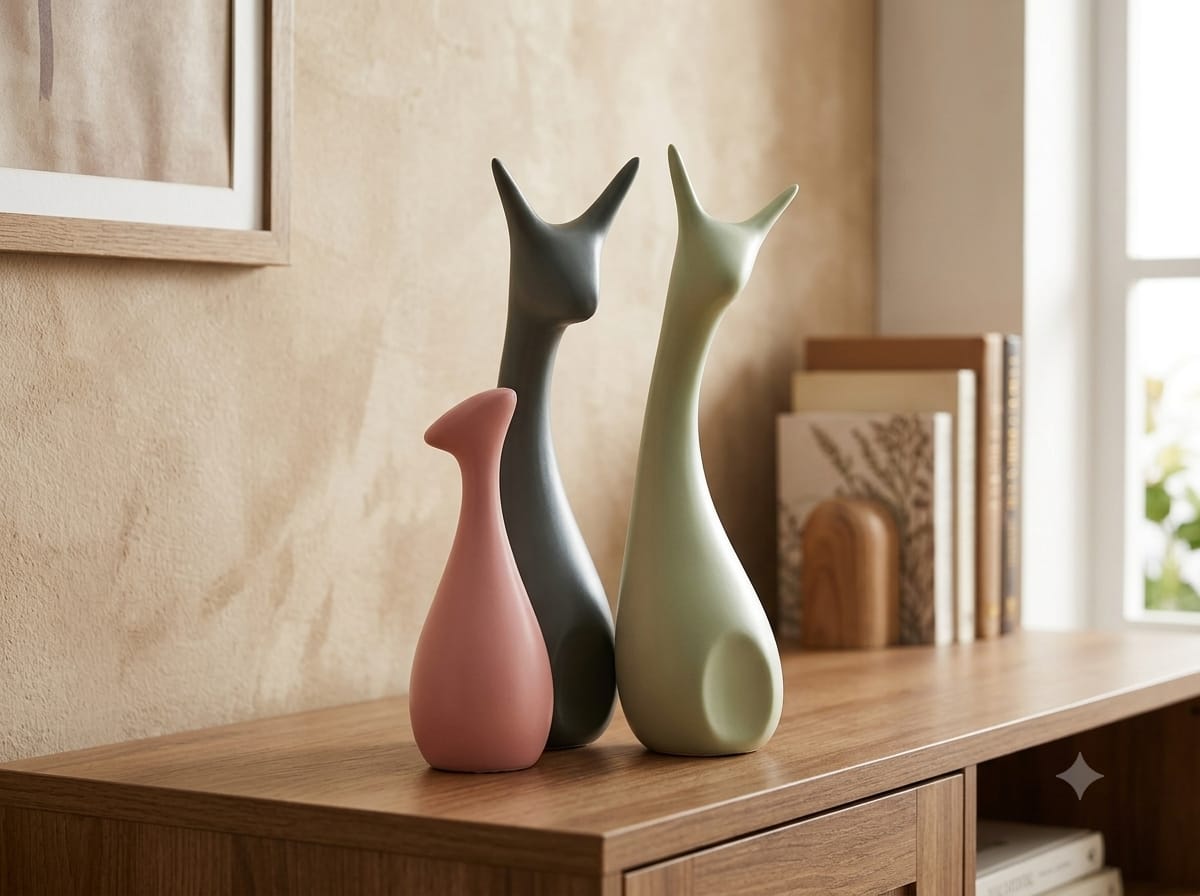 Nordic Minimalist Ceramic Animal Trio in Charcoal, Sage and Blush