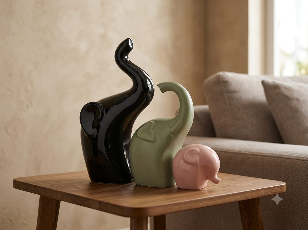 Artisanal Ceramic Elephant Figurine Family Trio